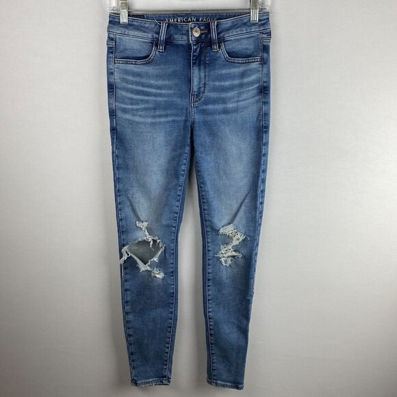 American Eagle Jeans Womens Jegging Next Level Stretch Whiskered Destroyed 6 Reg - Picture 1 of 10